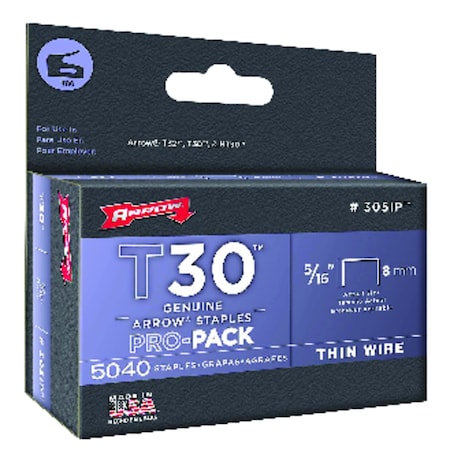 ARROW FASTENER Heavy Duty Staples, T30/HT30, 22 ga, Flat Crown, 5/16 in Leg L, 5040 PK 305IP